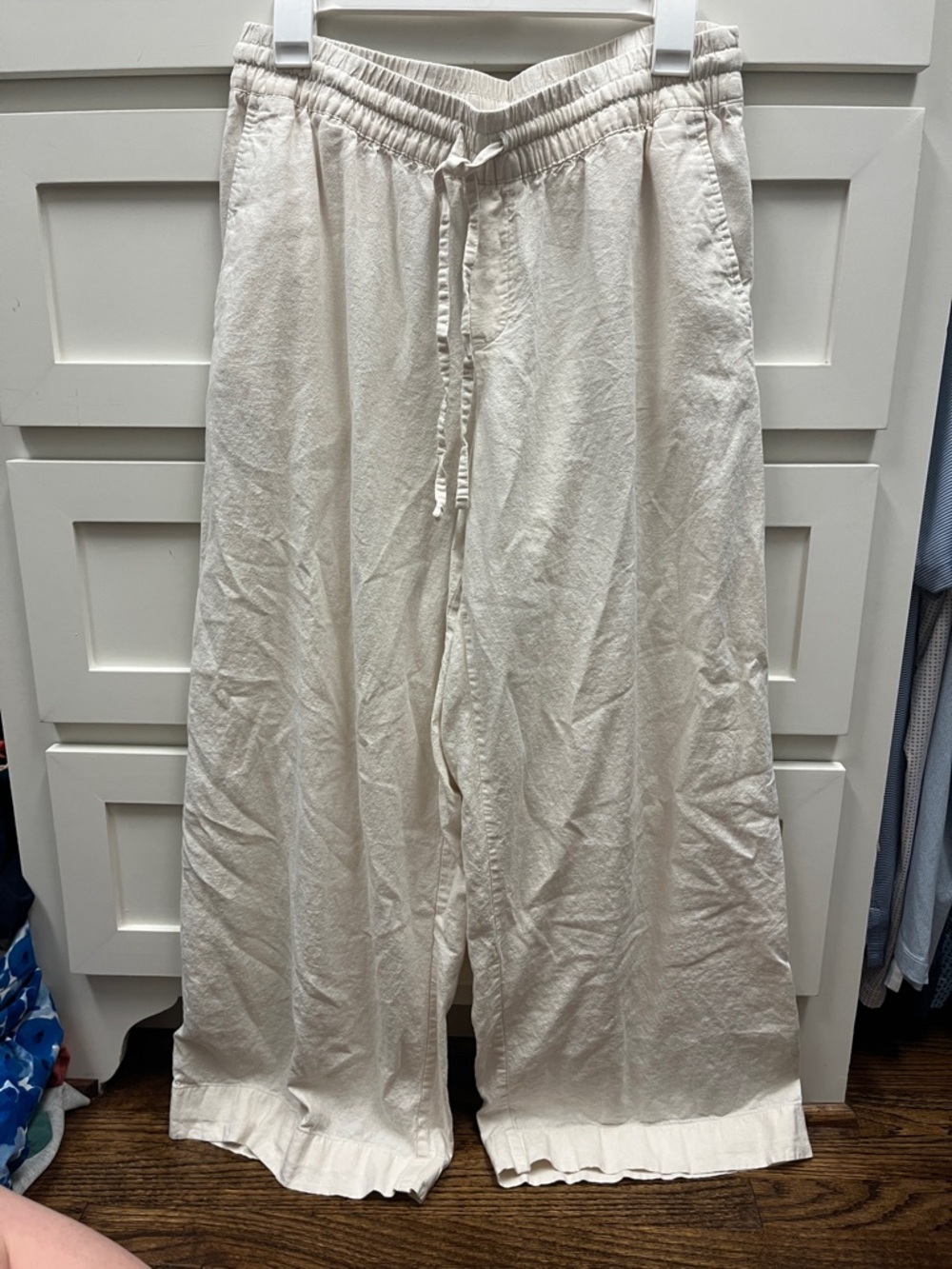 Linen Cream Drawstring Wide-Leg Pants